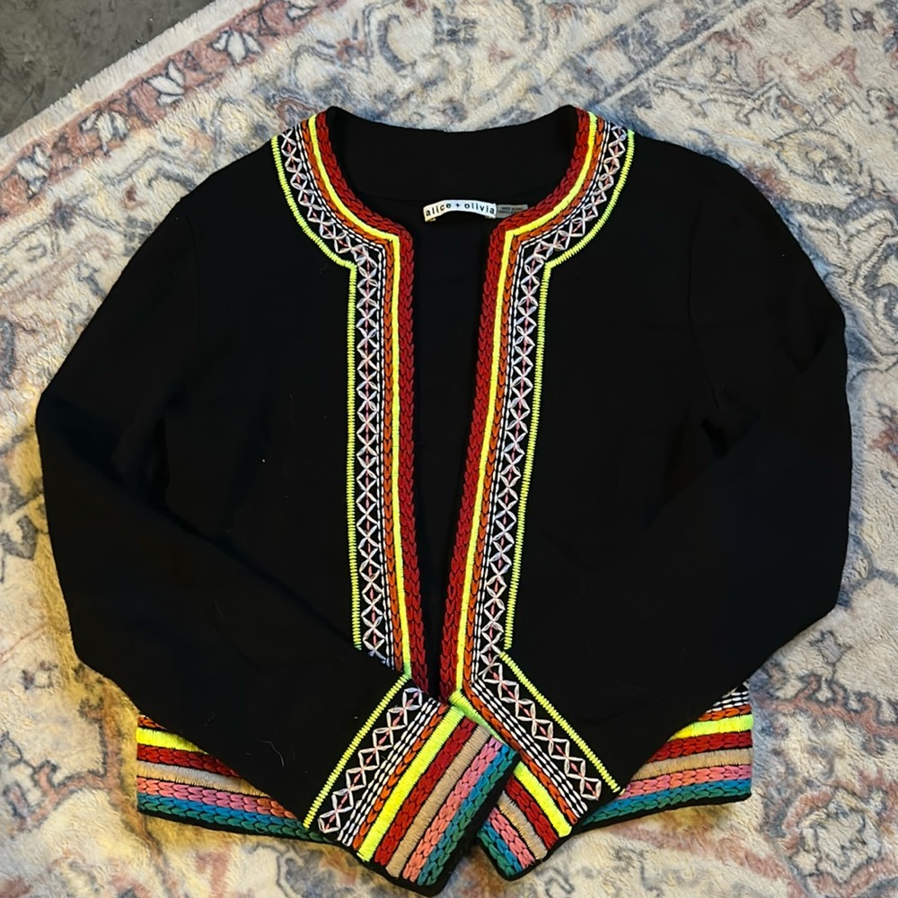 Alice+Olivia Meemee Embroidered Open-Front Cardigan